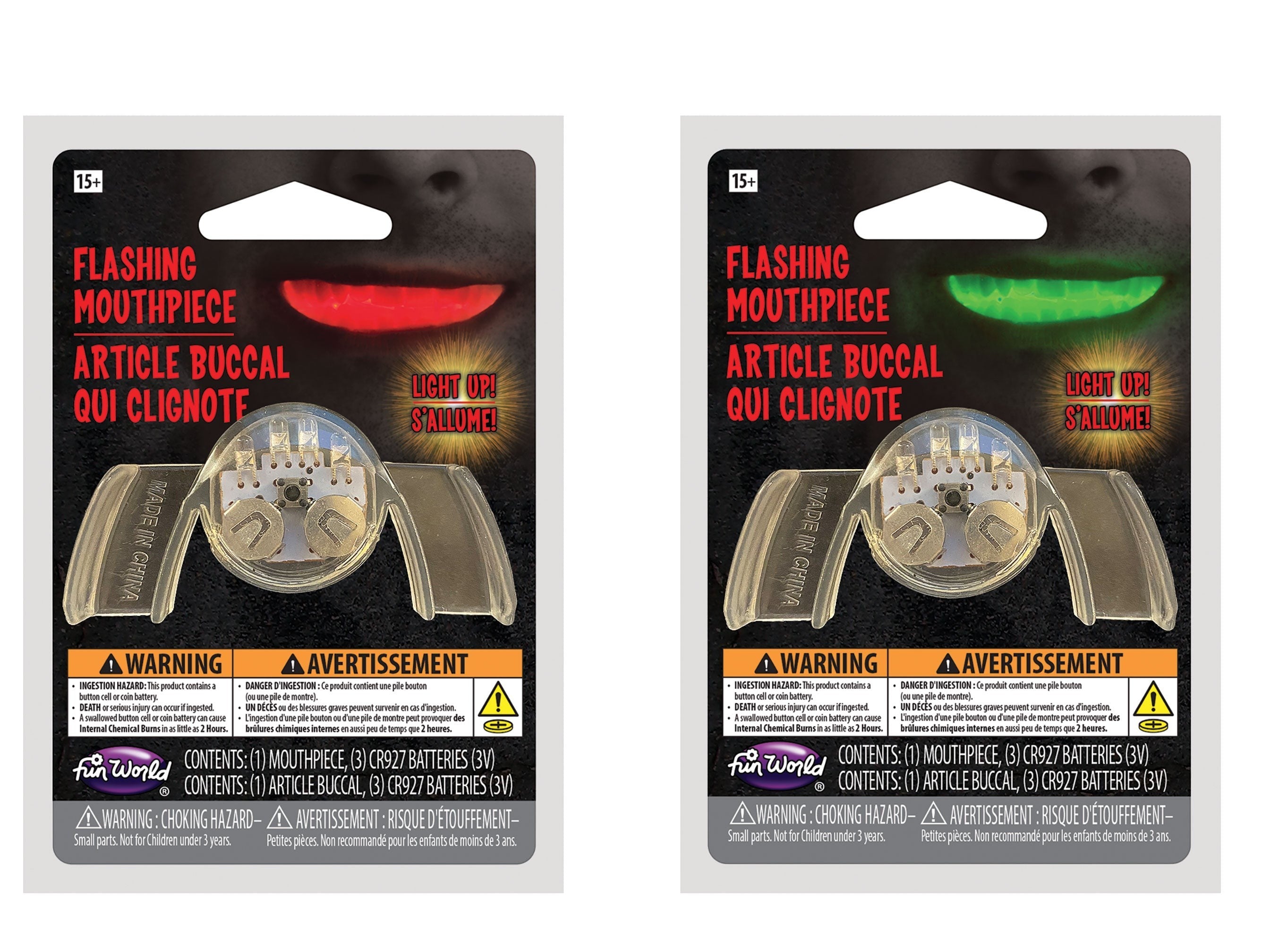 Halloween-Emporium flashing LED light up mouthpiece accessory in retail packaging with red and green glow effects.