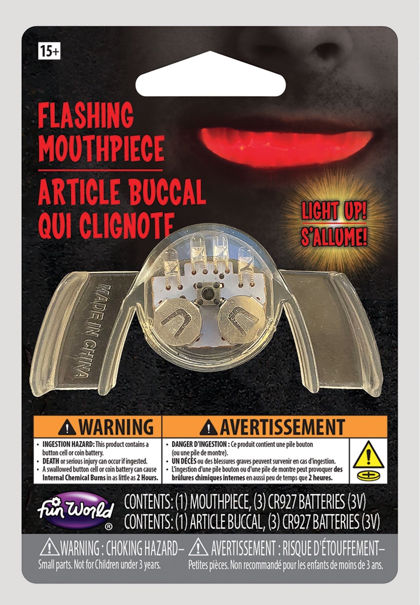 Halloween-Emporium flashing LED light-up mouthpiece accessory in clear plastic packaging for parties and raves.