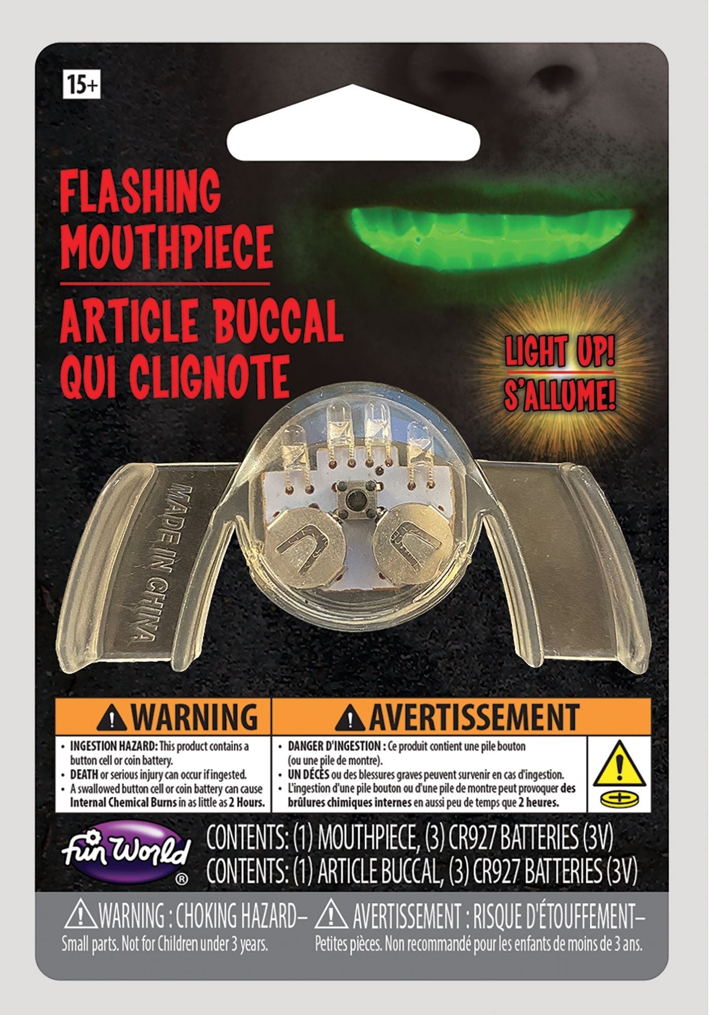 Halloween-Emporium flashing LED light-up mouthpiece accessory in clear plastic packaging for parties and costumes.
