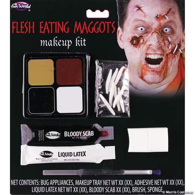 Halloween-Emporium FX makeup kit for flesh eating maggots effect including liquid latex, bloody scab, and applicators.