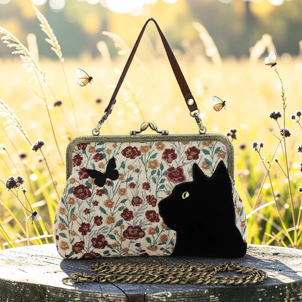Halloween-Emporium floral kisslock bag with black velvet cat and butterfly appliqué on a wooden stump in a meadow.