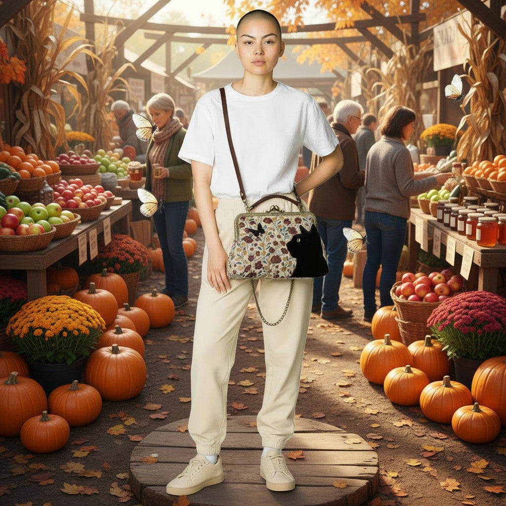 Halloween-Emporium floral black cat kisslock bag with velvet appliqué, worn by a model at a pumpkin patch market.
