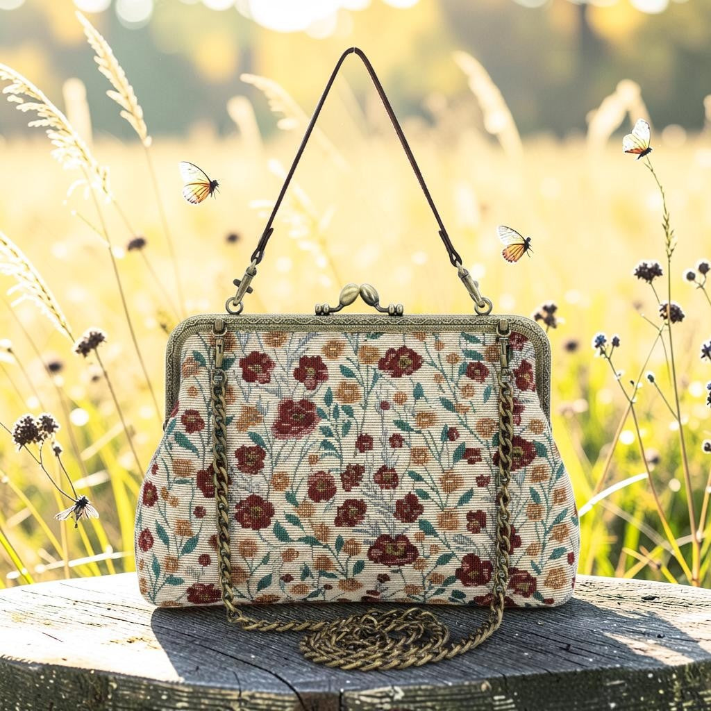 Halloween-Emporium floral kisslock bag with vintage embroidery, metal frame, and detachable chain strap in a field.