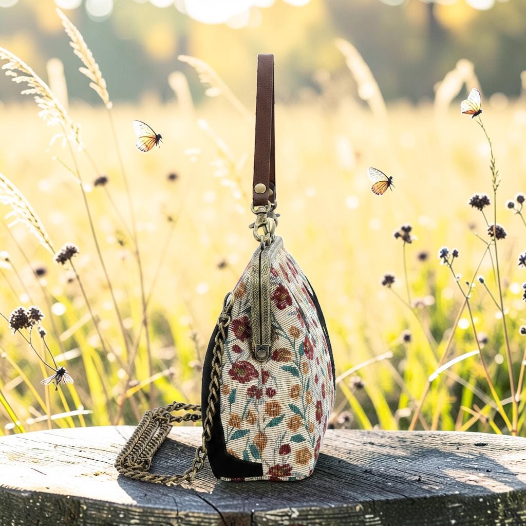 Halloween-Emporium floral kisslock bag with vintage embroidery and detachable strap on a wooden stump in a field.