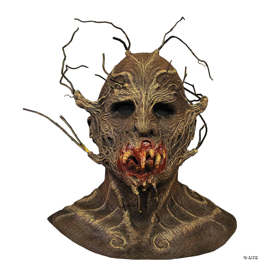 Halloween-Emporium twisted forest creature mask with bark texture, branch appendages, and a bloody, toothy maw.