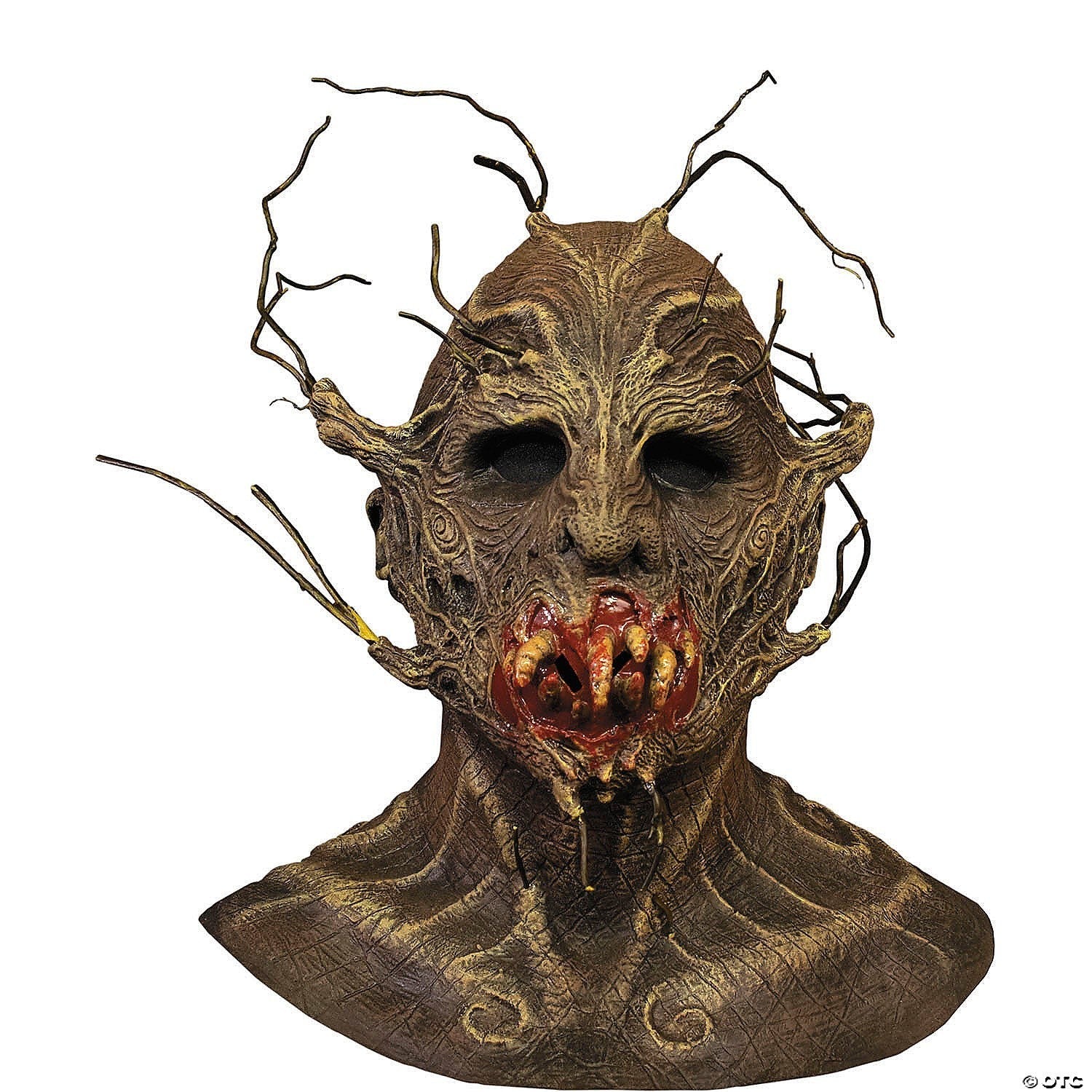 Halloween-Emporium twisted forest creature mask with bark texture, branch appendages, and a bloody, toothy maw.