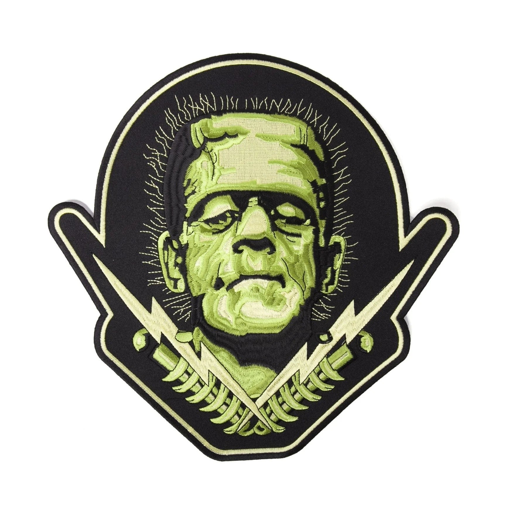 Halloween-Emporium large Frankenstein embroidered iron-on patch with lightning bolt details on a black background.