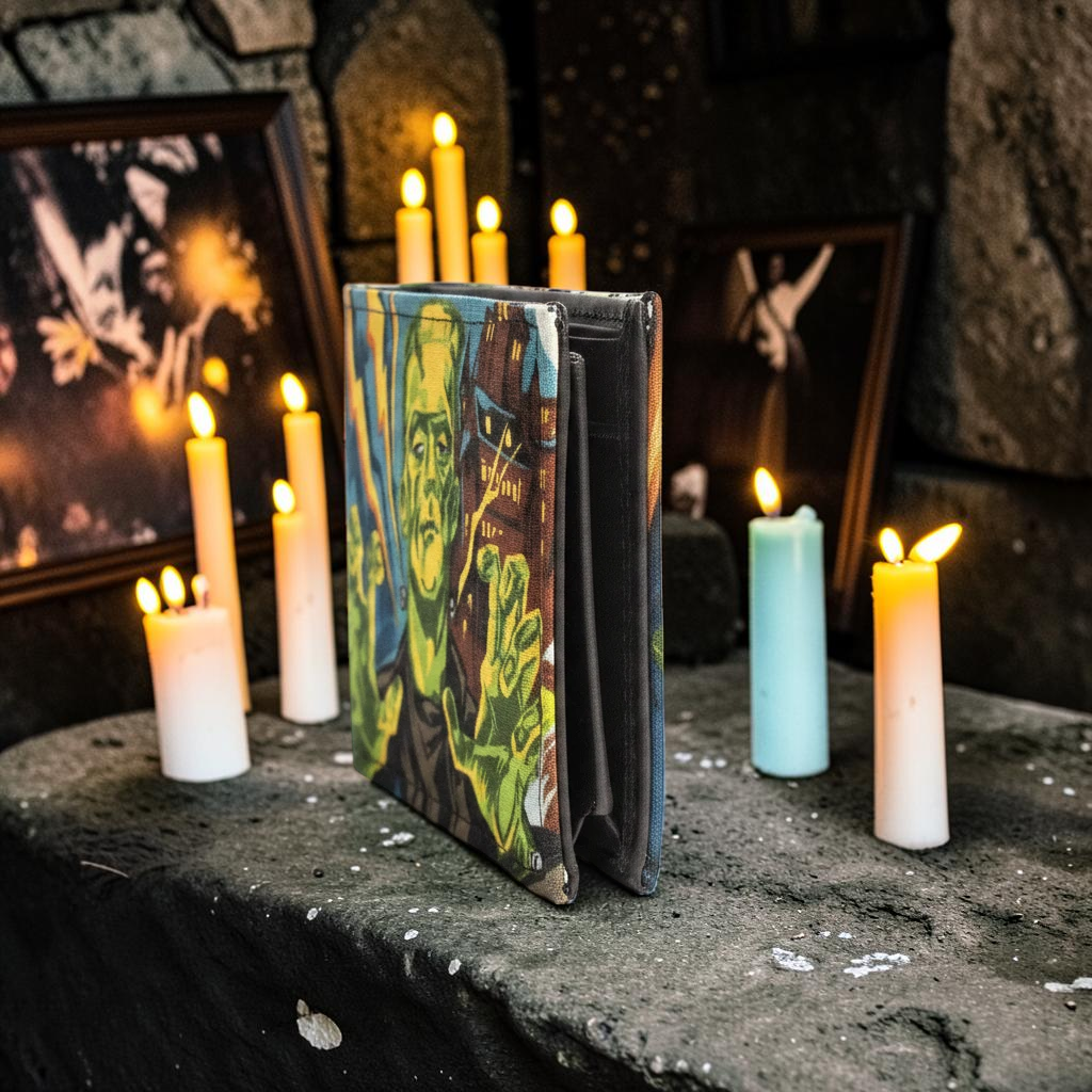 Halloween-Emporium hand crafted wallet featuring a vibrant Frankenstein monster graphic on a stone altar with candles