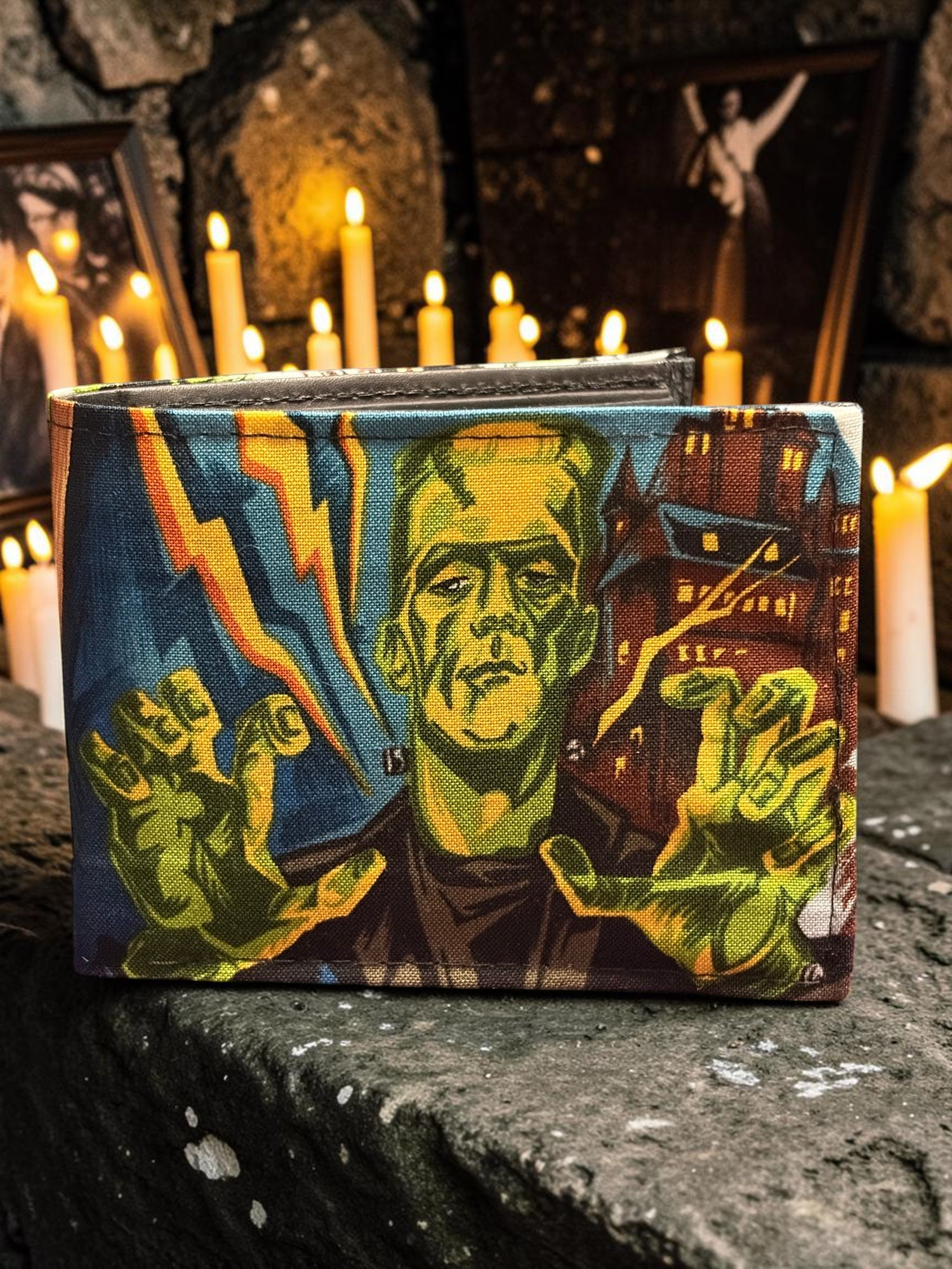 Halloween-Emporium hand crafted wallet featuring a vibrant Frankenstein monster illustration with lightning