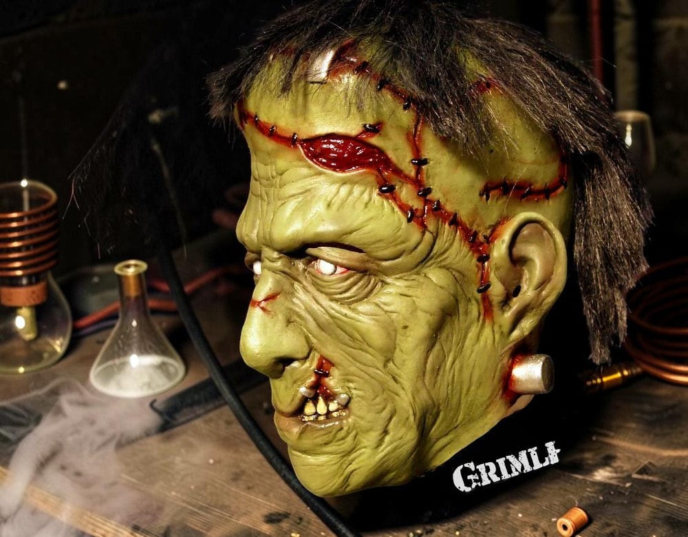 Halloween-Emporium Frankenstein's Monster full latex mask with olive skin, surgical stitches, and neck bolts.