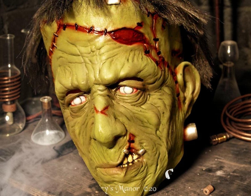 Halloween-Emporium Frankenstein's Monster full latex mask with olive skin, surgical stitches, and neck bolts.