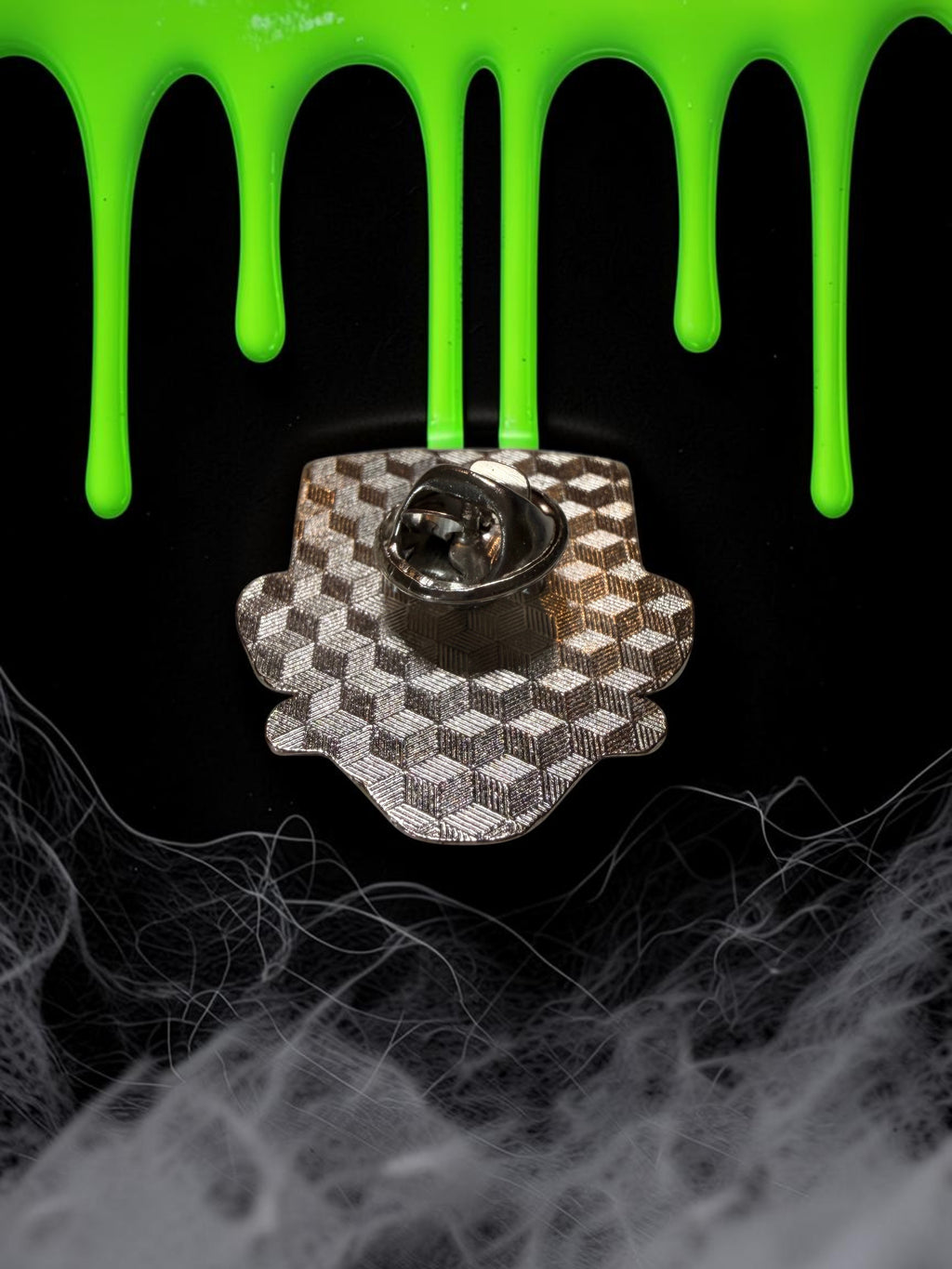 Halloween-Emporium Frankenstein's Monster enamel pin back view with metal clutch on black background with slime