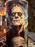 Halloween-Emporium Classic Monster Tumbler featuring a detailed black and white portrait of Frankenstein's monster.
