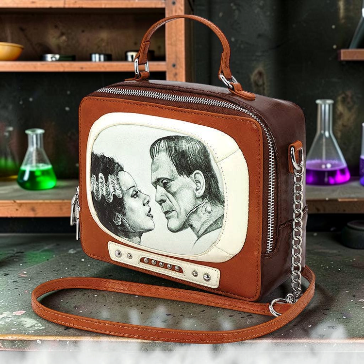 Halloween-Emporium Frankenstein and Bride retro TV shaped crossbody bag with brown faux leather and chain strap.