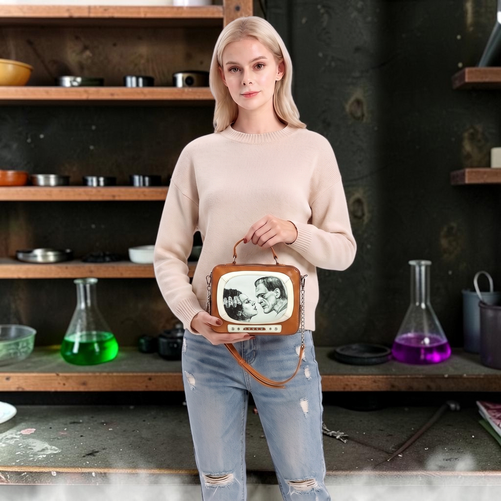 Halloween-Emporium Frankenstein and Bride glow in the dark retro TV shaped crossbody bag held by a blonde woman