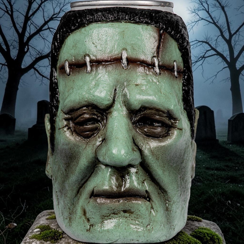 Halloween-Emporium Franky monster can cover featuring realistic pale green skin, forehead stitches, and black hair.