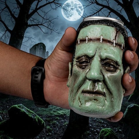 Halloween-Emporium Franky monster can cover with realistic green skin, forehead stitches, and detailed facial features.