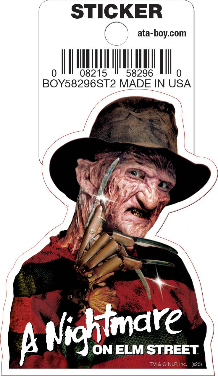 Halloween-Emporium Freddy Krueger die-cut sticker featuring the iconic horror villain in his fedora and razor glove.