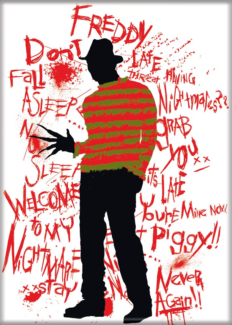 Halloween-Emporium Freddy Krueger magnet featuring a red and green striped sweater silhouette with blood-splattered text.