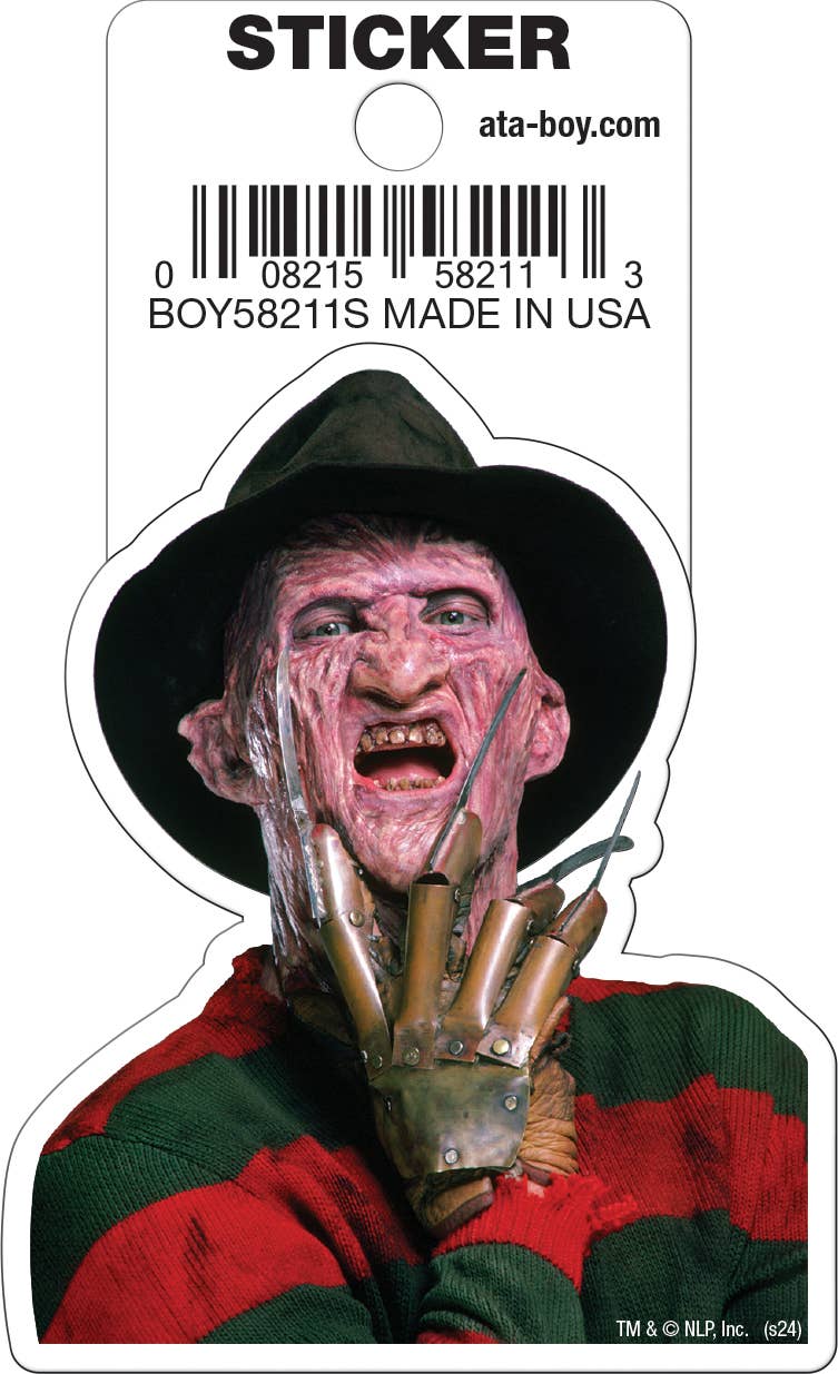 Halloween-Emporium Freddy Krueger die-cut vinyl sticker featuring the horror icon in his fedora and razor glove.