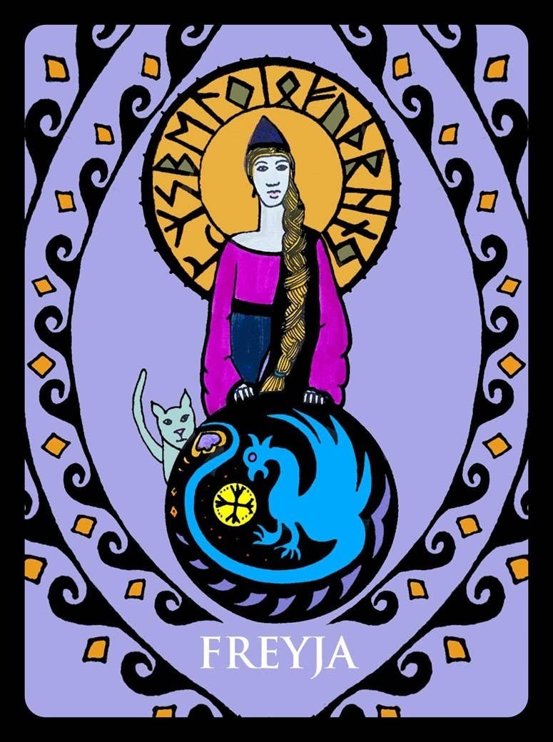 Halloween-Emporium Freyja oracle card from the Odin and the Nine Realms deck featuring Norse goddess illustration