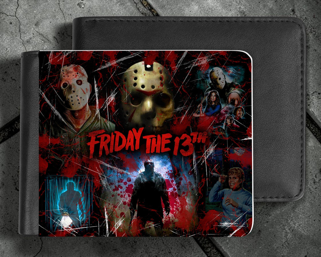 Halloween-Emporium Friday the 13th bifold wallet featuring a red and black Jason Voorhees horror movie graphic print