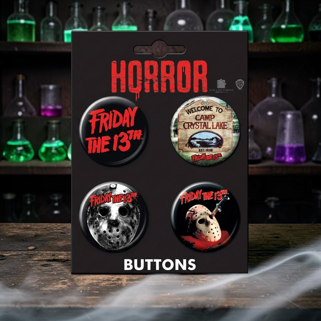 Halloween-Emporium Friday the 13th button set featuring four horror movie pins with Jason Voorhees and camp designs.