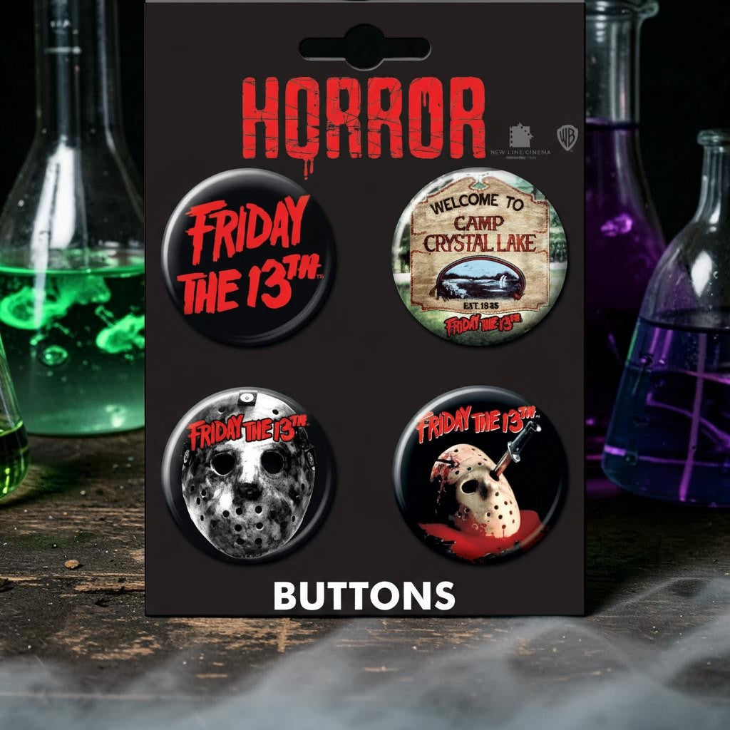 Halloween-Emporium Friday the 13th button set featuring Jason Voorhees hockey mask and Camp Crystal Lake designs.