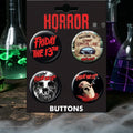 Halloween-Emporium Friday the 13th button set featuring Jason Voorhees hockey mask and Camp Crystal Lake designs.