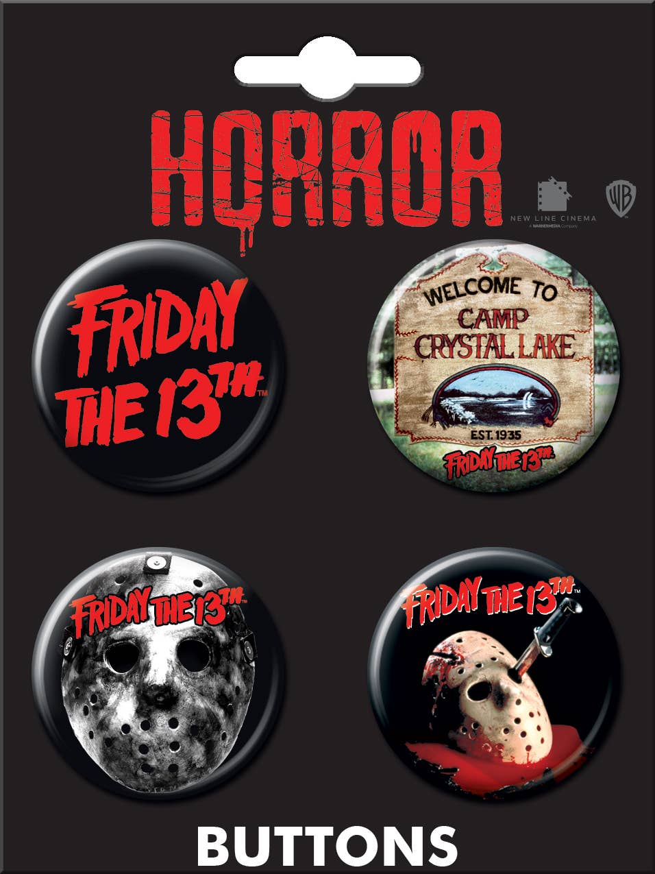 Halloween-Emporium Friday the 13th button set featuring four horror movie pins with hockey masks and film logos.