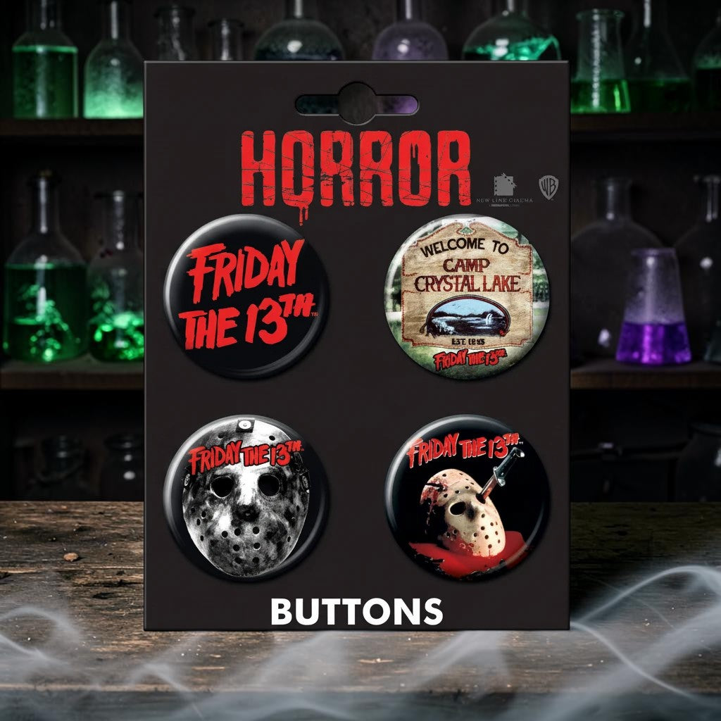Halloween-Emporium Friday the 13th button set featuring Jason Voorhees hockey masks and Camp Crystal Lake artwork.
