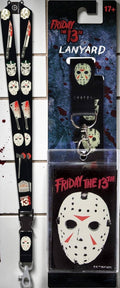 Halloween-Emporium Friday the 13th lanyard featuring Jason Voorhees hockey masks, bloody knives, and a clear ID holder