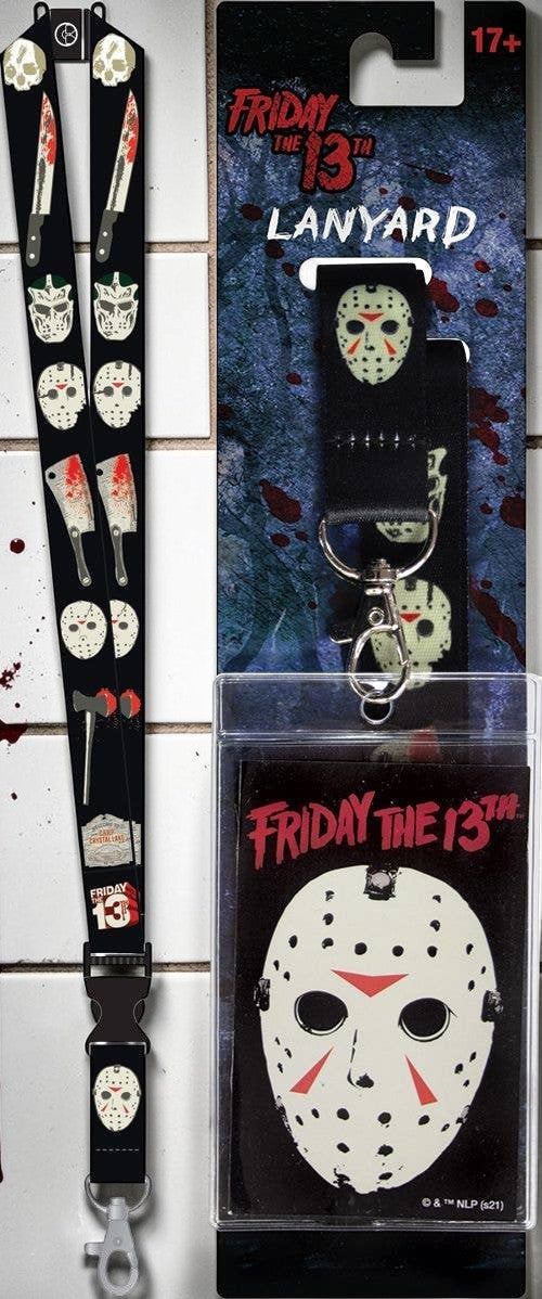 Halloween-Emporium Friday the 13th lanyard featuring Jason Voorhees hockey masks, bloody knives, and a clear ID holder