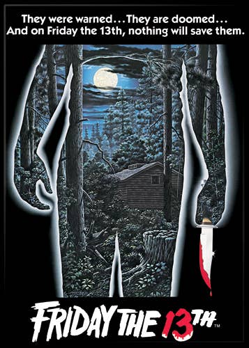 Halloween-Emporium Friday the 13th movie poster magnet featuring a killer silhouette and Camp Crystal Lake artwork.
