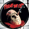 Halloween-Emporium Friday the 13th button featuring Jason Voorhees hockey mask with a knife and movie logo