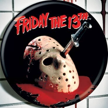 Halloween-Emporium Friday the 13th button featuring Jason Voorhees hockey mask with a knife and movie logo