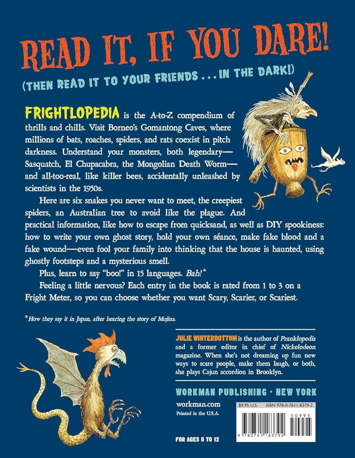 Halloween-Emporium Frightlopedia back cover featuring monster illustrations and book summary on a dark blue background.