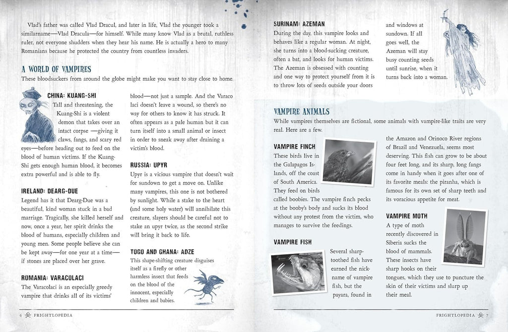 Halloween-Emporium Frightlopedia book page featuring illustrations and facts about vampires and vampire-like animals.