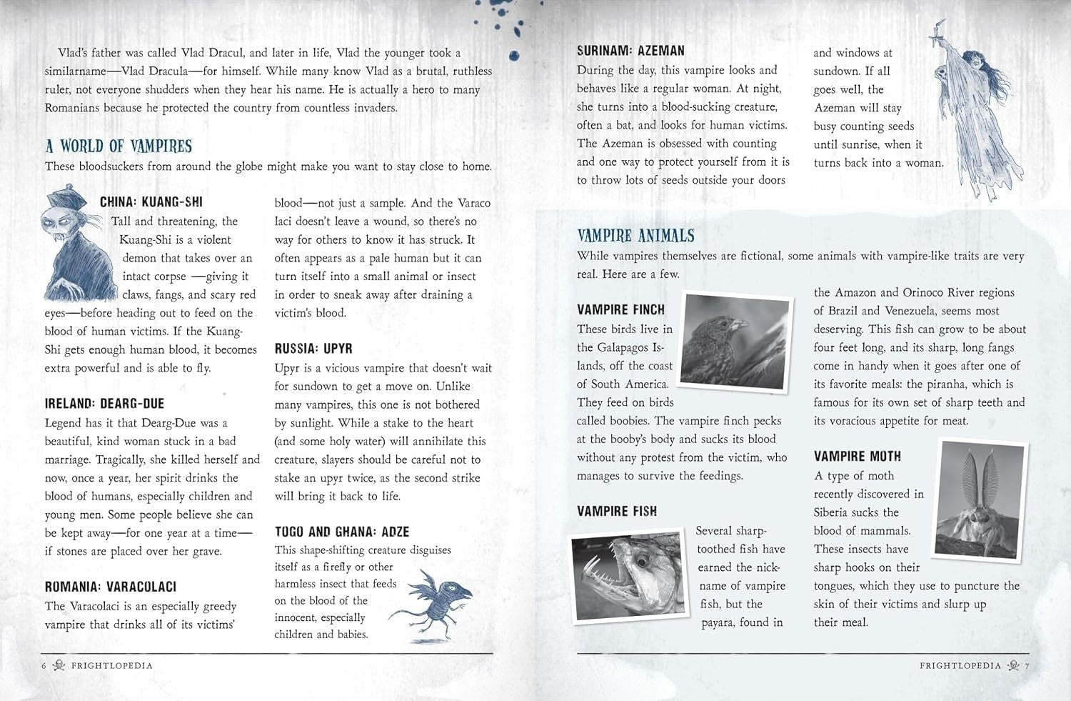Halloween-Emporium Frightlopedia book page featuring illustrations and facts about vampires and vampire-like animals.