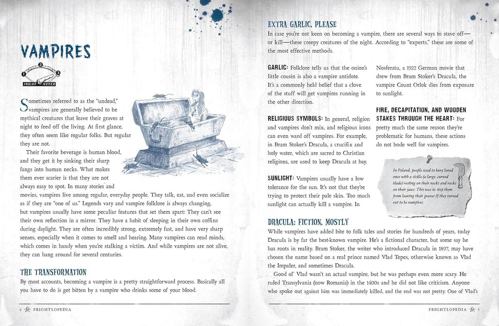 Halloween-Emporium Frightlopedia book page featuring illustrated vampire lore, facts, and folklore in a spooky style.
