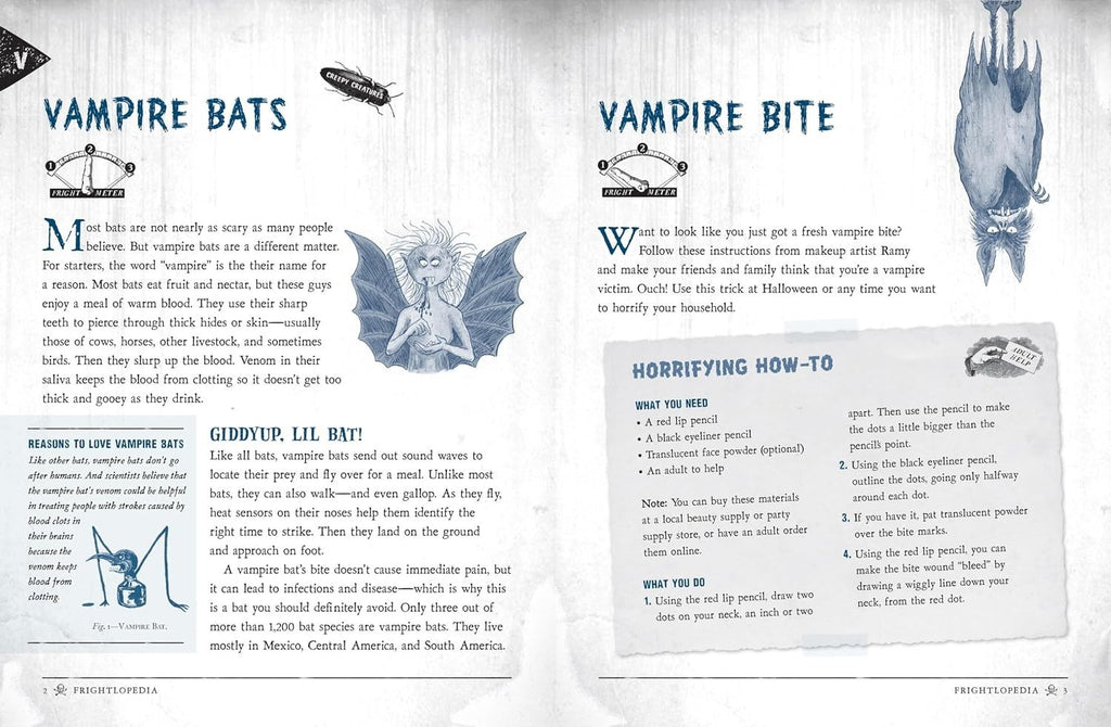 Halloween-Emporium Frightlopedia book pages featuring illustrations of vampire bats and a vampire bite makeup tutorial.