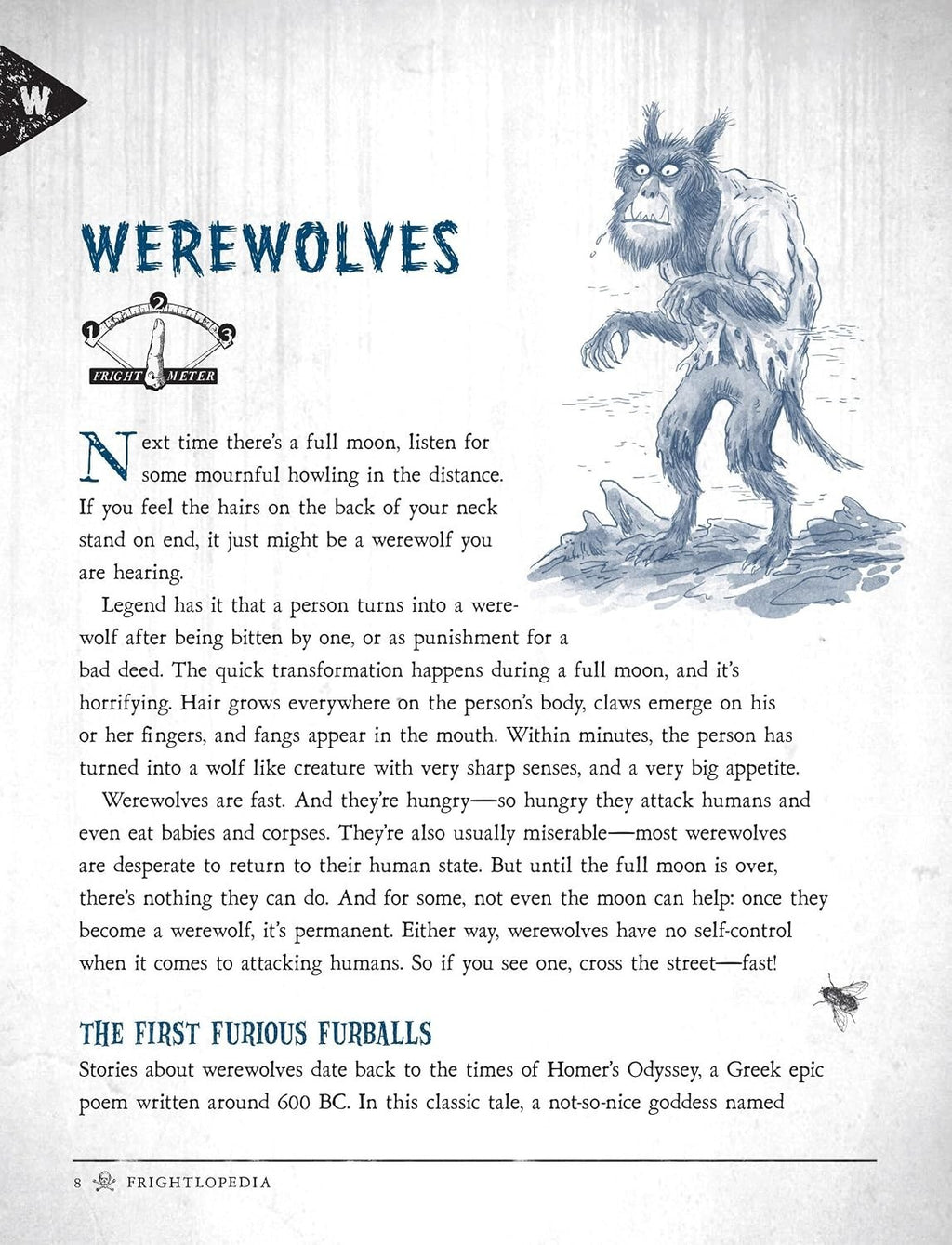 Halloween-Emporium Frightlopedia book page featuring a detailed werewolf illustration and educational text