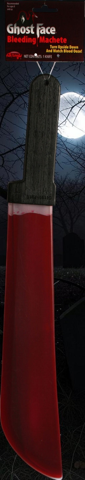Halloween-Emporium 24-inch Ghost Face bleeding machete prop with a weathered handle and oozing fake blood effect.