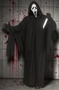 Halloween-Emporium Father Death Ghost Face adult costume featuring a black hooded robe with tattered sleeves and mask.