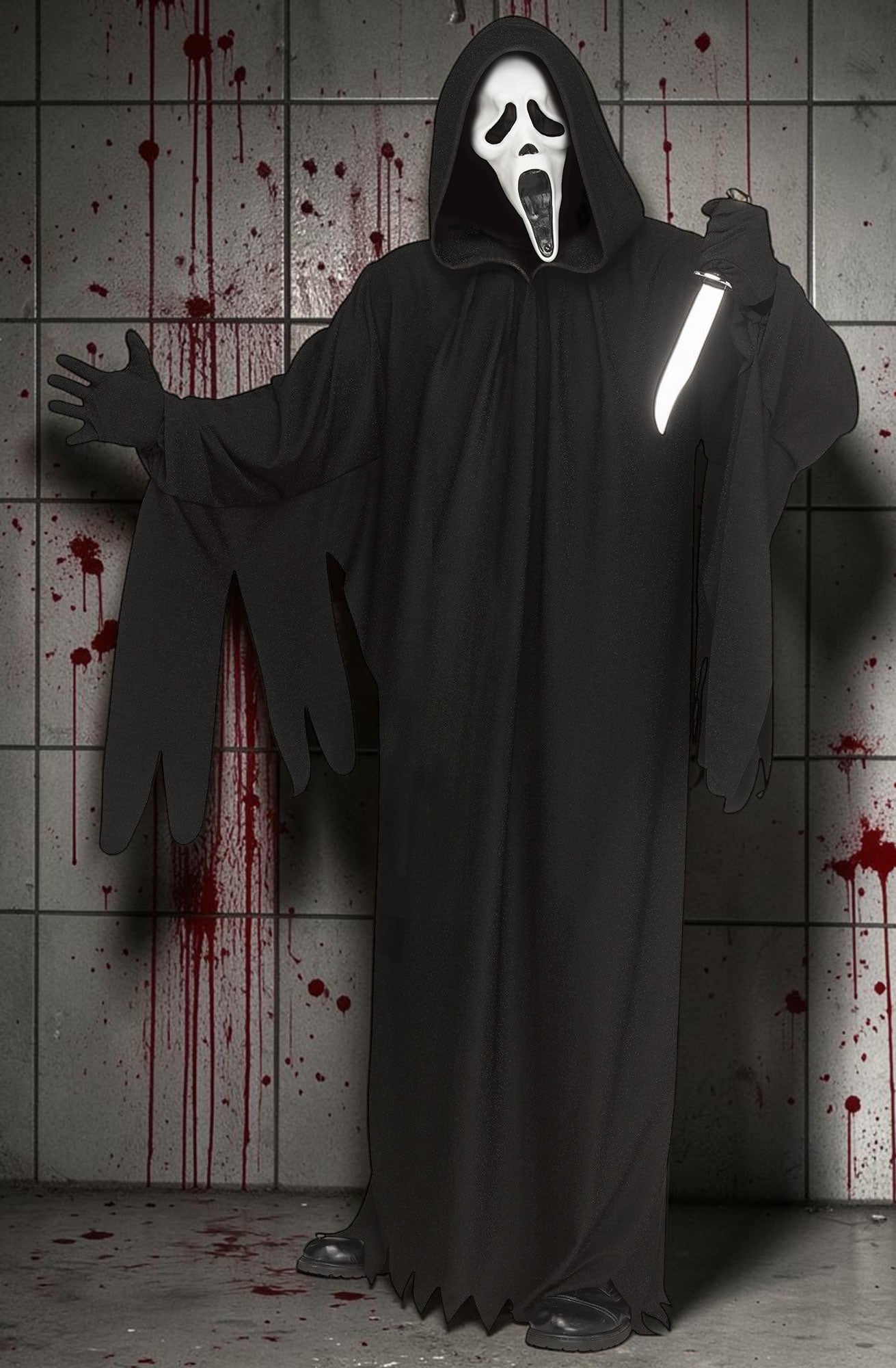 Halloween-Emporium Father Death Ghost Face adult costume featuring a black hooded robe with tattered sleeves and mask.