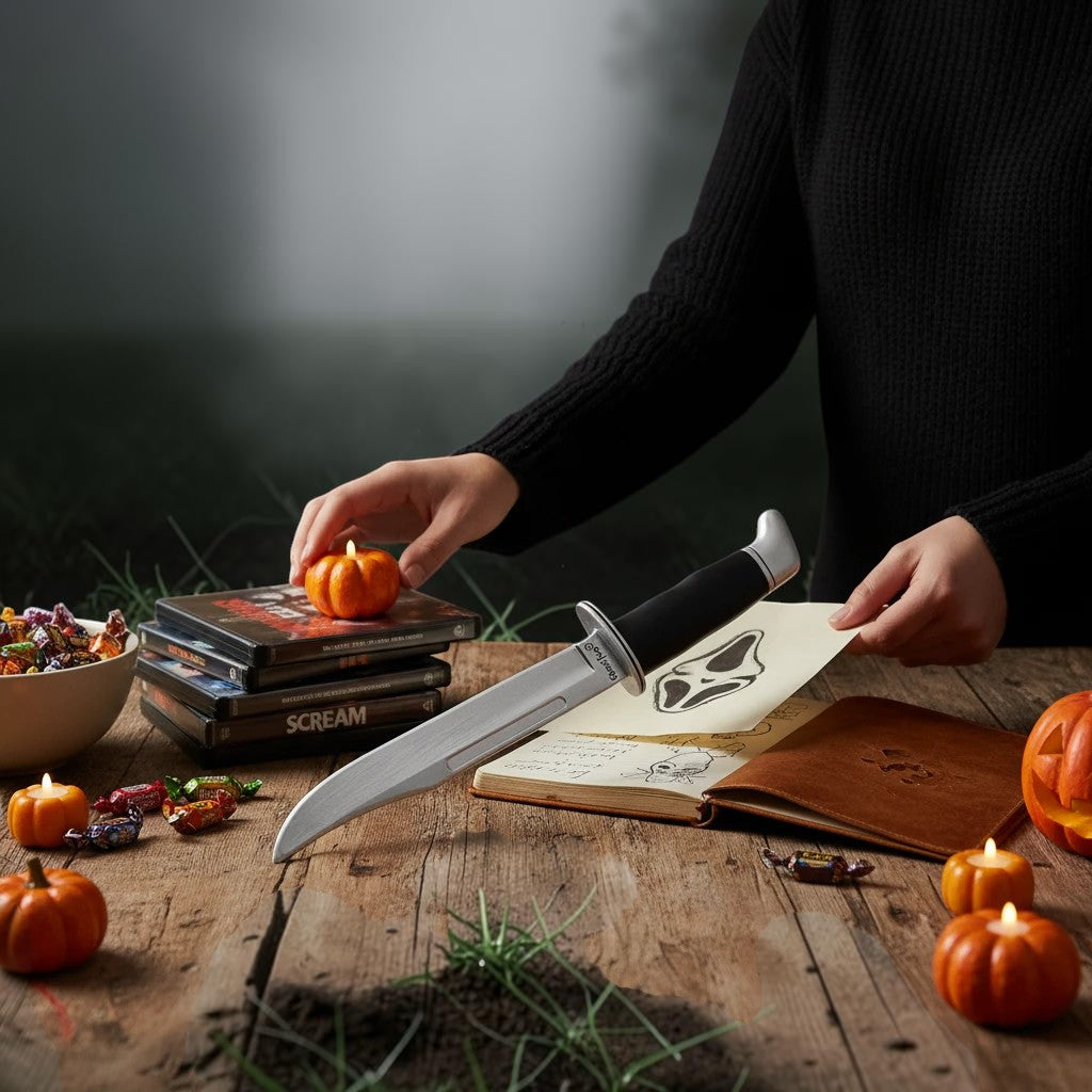 Halloween-Emporium officially licensed Ghost Face polyurethane foam prop knife on a rustic wooden table with decor