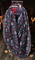 Halloween-Emporium Ghost Face infinity scarf featuring a black fabric with white masks, blades, and red text accents.