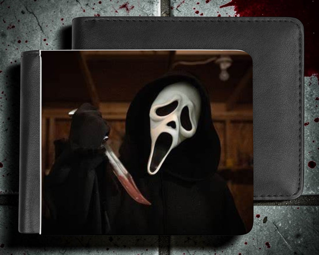 Halloween-Emporium black synthetic leather bi-fold wallet featuring a detailed Ghostface horror movie graphic