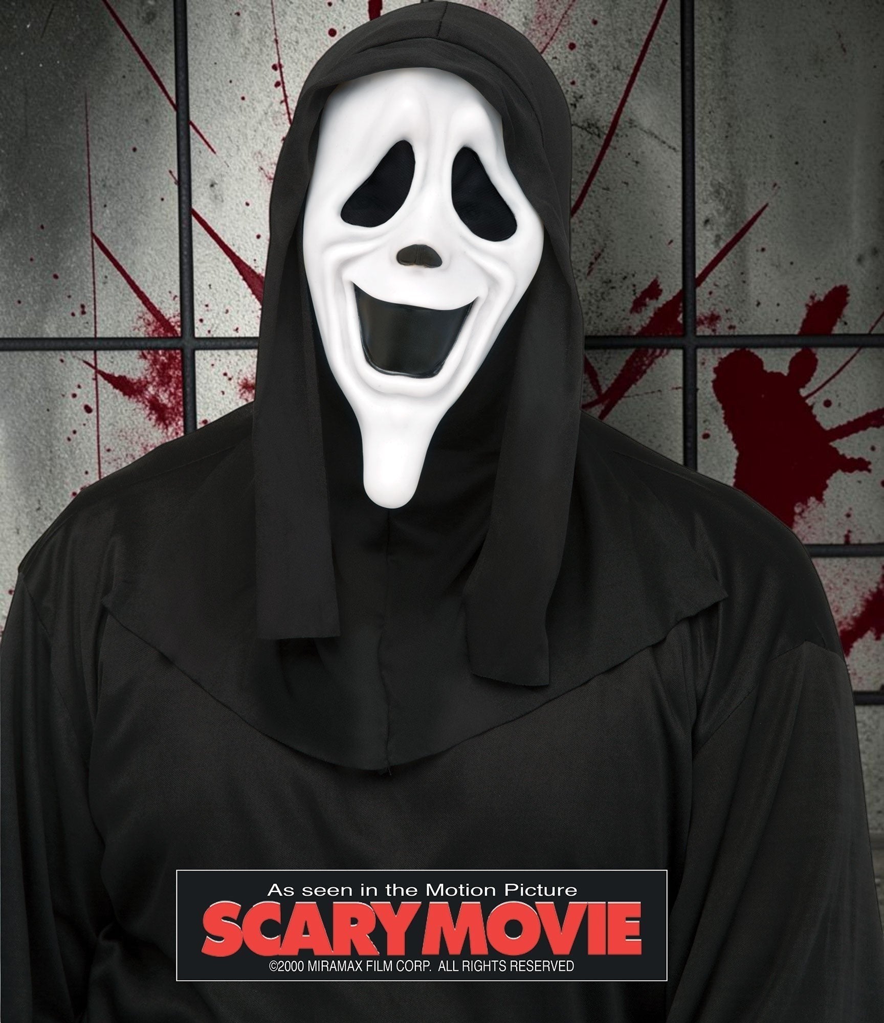 Halloween-Emporium Scary Movie Ghost Face mask with attached black hood for a classic horror comedy costume look