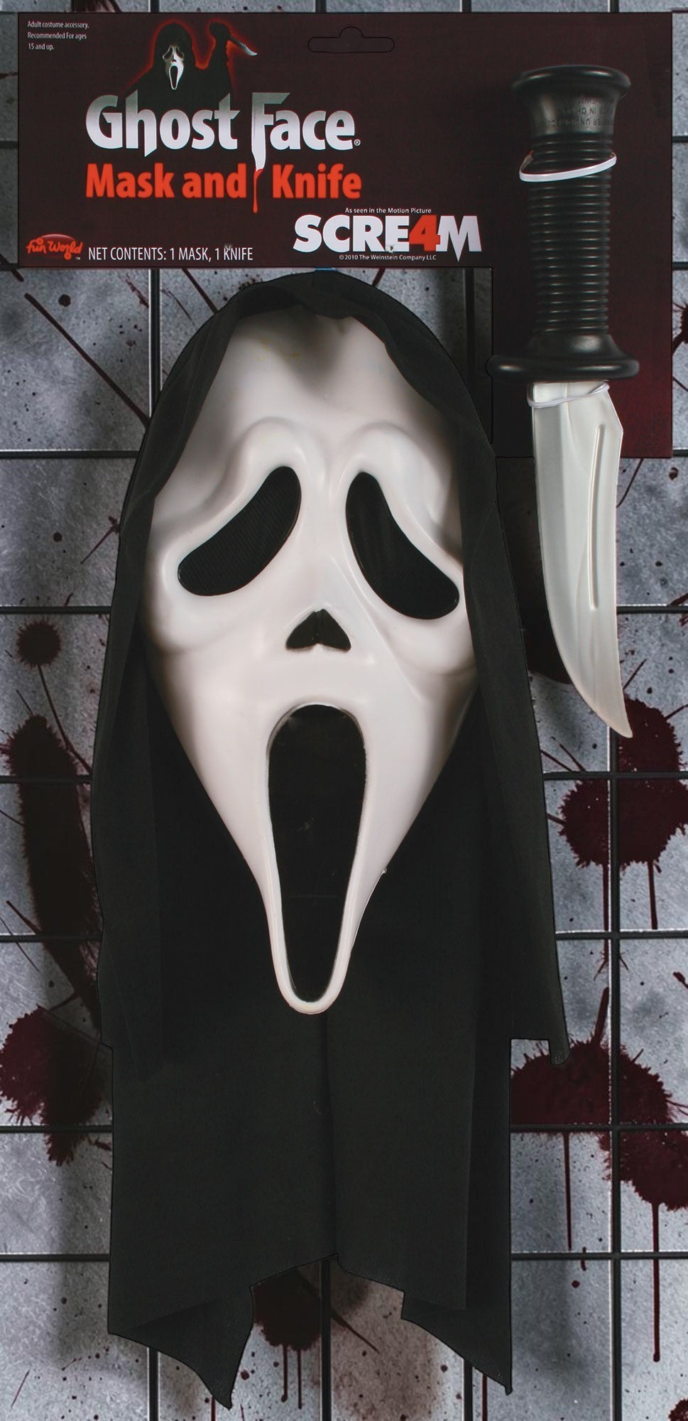 Halloween-Emporium Ghost Face mask with attached black hood and prop knife in retail packaging